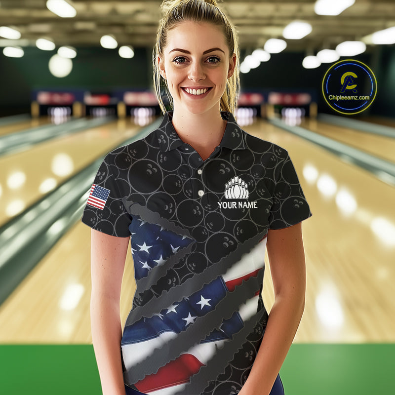 American Flag Women Bowling Shirt Custom Bowling Jersey for Team Patriotic Bowler Polo, 1/4 zip Shirt NQS10427