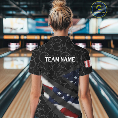 American Flag Women Bowling Shirt Custom Bowling Jersey for Team Patriotic Bowler Polo, 1/4 zip Shirt NQS10427
