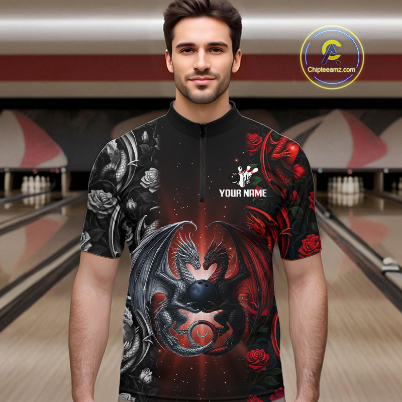 Red Dragon Roses Pattern Custom Bowling Polo, Quarter Zip shirts For Men, Dragon Bowling League Shirt NQS10626