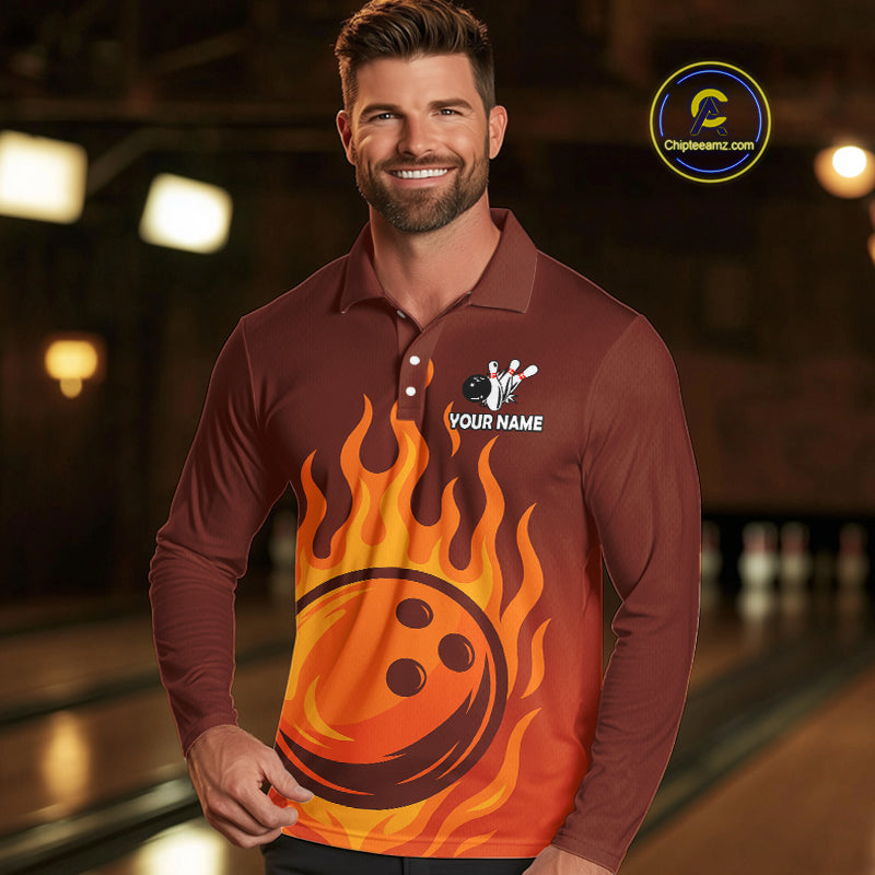 Orange Flame Bowling Polo, Quarter Zip Shirts for Men Custom Bowling Team League Jersey NQS10445