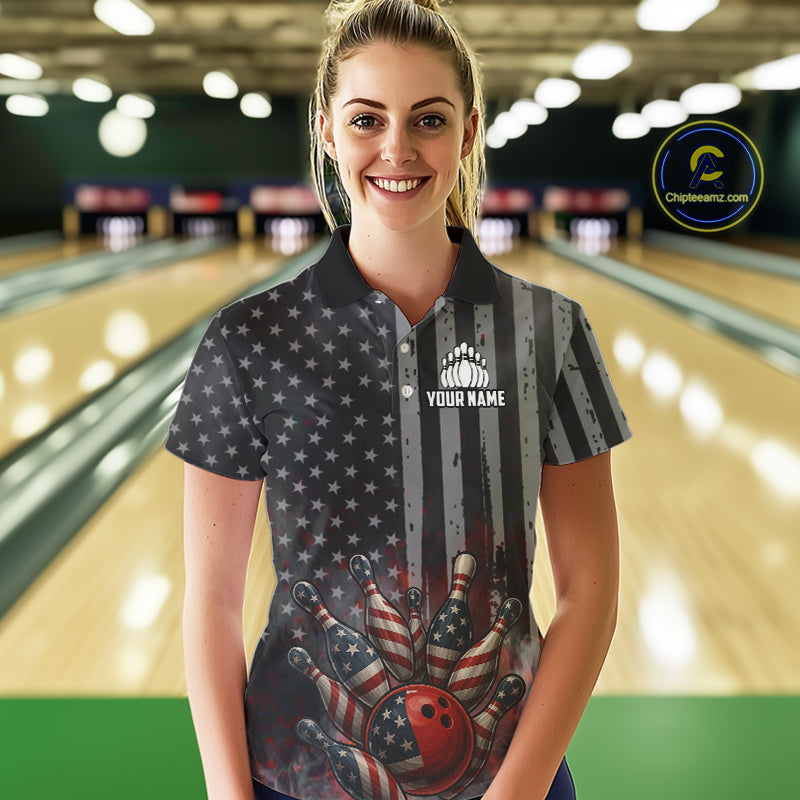 Black Smoke American Flag Bowling wings Shirts For Women Custom Patriotic Bowling Team League Jersey NQS10632