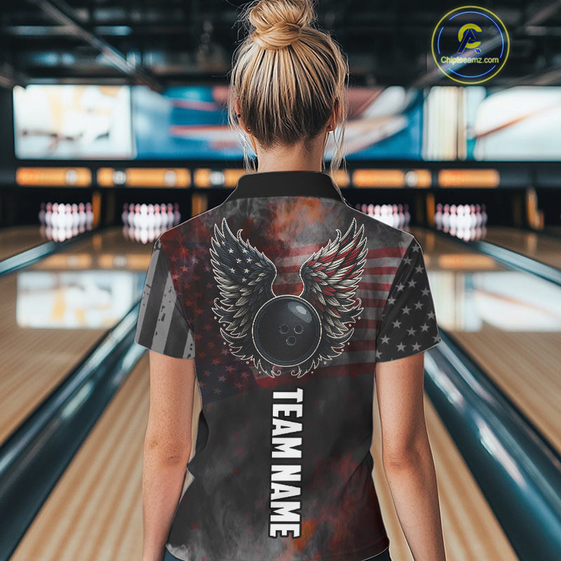 Black Smoke American Flag Bowling wings Shirts For Women Custom Patriotic Bowling Team League Jersey NQS10632