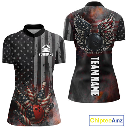 Black Smoke American Flag Bowling wings Shirts For Women Custom Patriotic Bowling Team League Jersey NQS10632