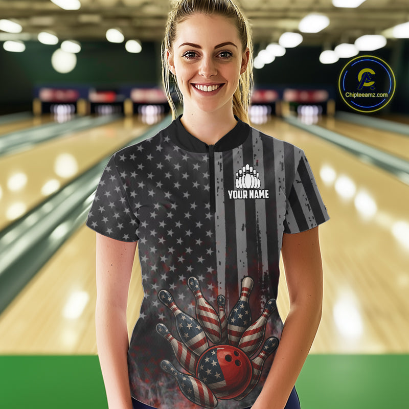 Black Smoke American Flag Bowling wings Shirts For Women Custom Patriotic Bowling Team League Jersey NQS10632