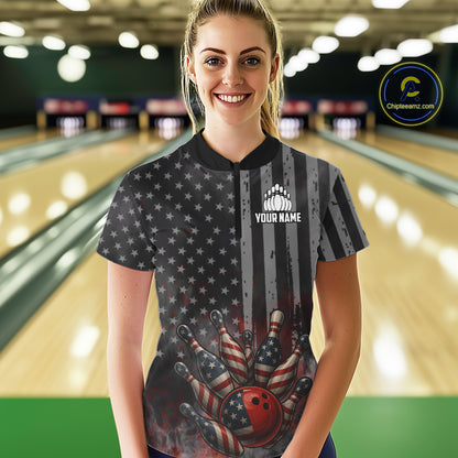 Black Smoke American Flag Bowling wings Shirts For Women Custom Patriotic Bowling Team League Jersey NQS10632