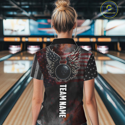 Black Smoke American Flag Bowling wings Shirts For Women Custom Patriotic Bowling Team League Jersey NQS10632