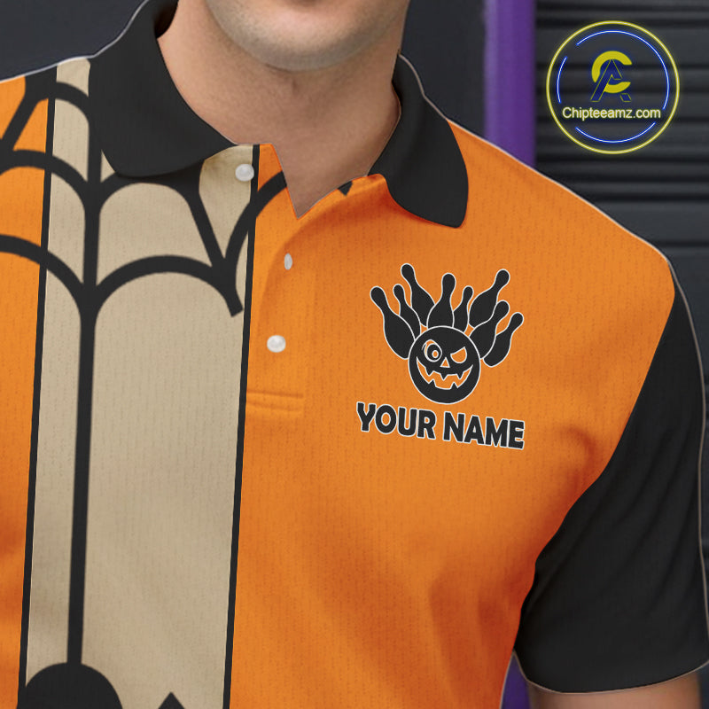 Orange and Black Halloween Retro Bowling Polo, 1/4 Zip Shirts For Men Custom Bowling Team Shirt NQS10464