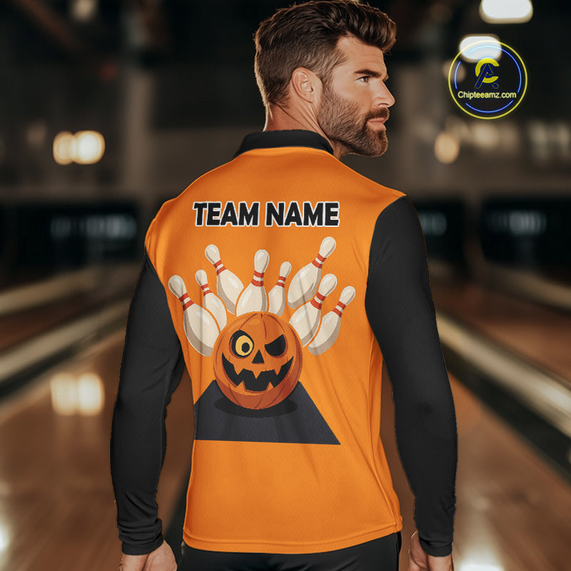 Orange and Black Halloween Retro Bowling Polo, 1/4 Zip Shirts For Men Custom Bowling Team Shirt NQS10464