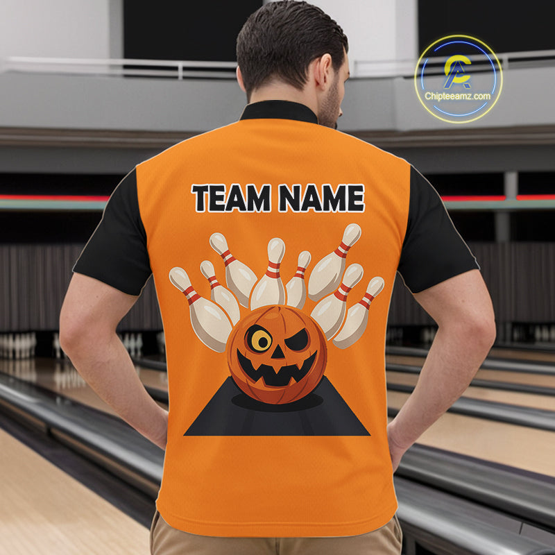 Orange and Black Halloween Retro Bowling Polo, 1/4 Zip Shirts For Men Custom Bowling Team Shirt NQS10464
