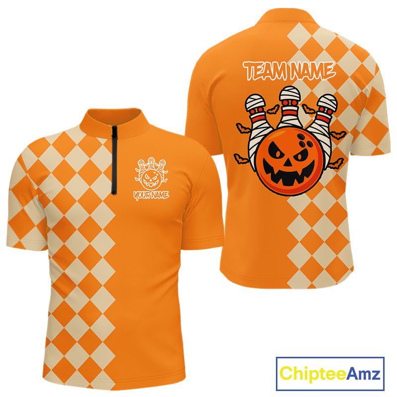 Orange Argyle Pattern Custom Halloween Mens Bowling Shirts, Personalized Bowling Team Shirt NQS10466