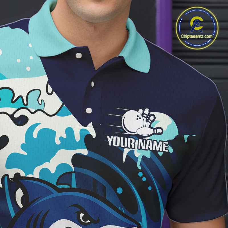 Custom Blue Shark Bowling Polo, Quarter Zip Shirts For Men, Personalized Shark Bowling Team Shirt NQS10469