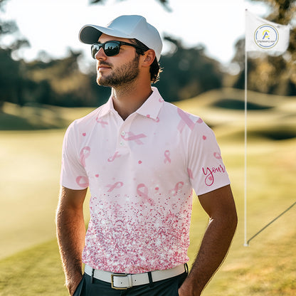 Pink glitter ribbons pattern Mens golf polo shirt Custom Breast Cancer Awareness golf outfit for men NQS10514