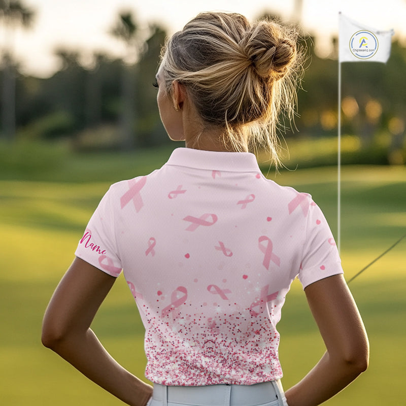 Pink glitter ribbons pattern Women golf polo shirt Custom Breast Cancer Awareness ladies golf outfit NQS10514