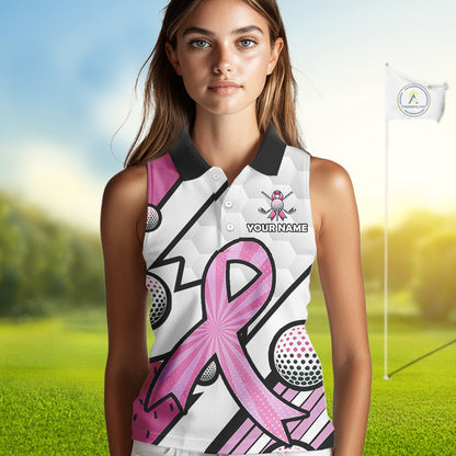 Personalized Pink Ribbons Camo Sleeveless polo Shirt for Women, Custom breast cancer Golf Team shirts NQS10534