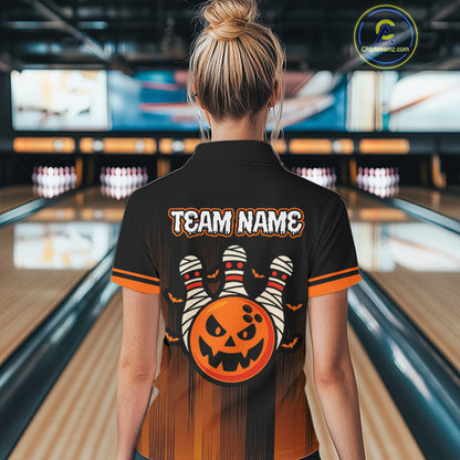 Custom Orange and Black Funny Pumpkin Ball pins Women Bowling Team Shirts, Halloween Bowling Outfit NQS10564