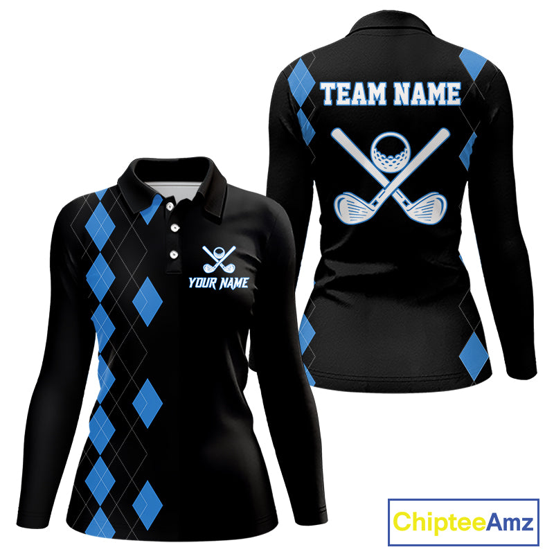 Black and Blue argyle polo shirts personalized long sleeve womens golf shirts, team golf outfit NQS11403