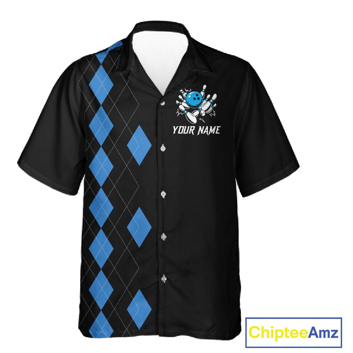 Black and Blue argyle Hawaiian bowling shirts custom team bowling jerseys button up bowling shirts NQS11404