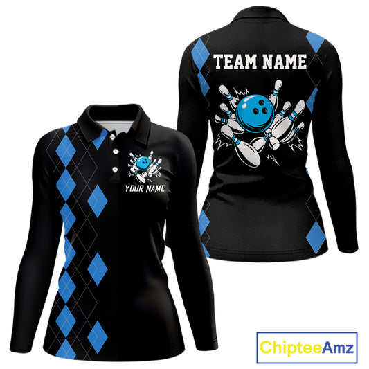 Black and Blue argyle womens bowling shirts custom team bowling jerseys women's bowling outfits NQS11404