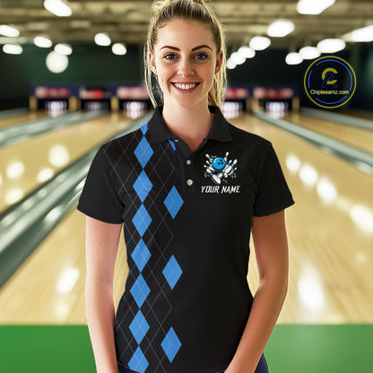 Black and Blue argyle womens bowling shirts custom team bowling jerseys women's bowling outfits NQS11404