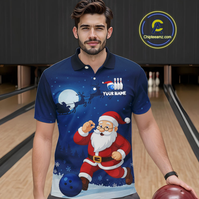 Custom Blue Funny Christmas Santa Bowling Polo, Quarter Zip Shirt For Men, Bowling Team League Jersey NQS10827