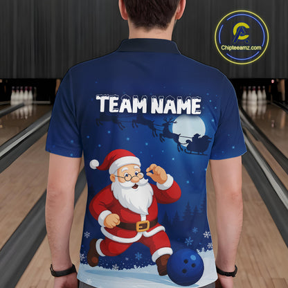 Custom Blue Funny Christmas Santa Bowling Polo, Quarter Zip Shirt For Men, Bowling Team League Jersey NQS10827