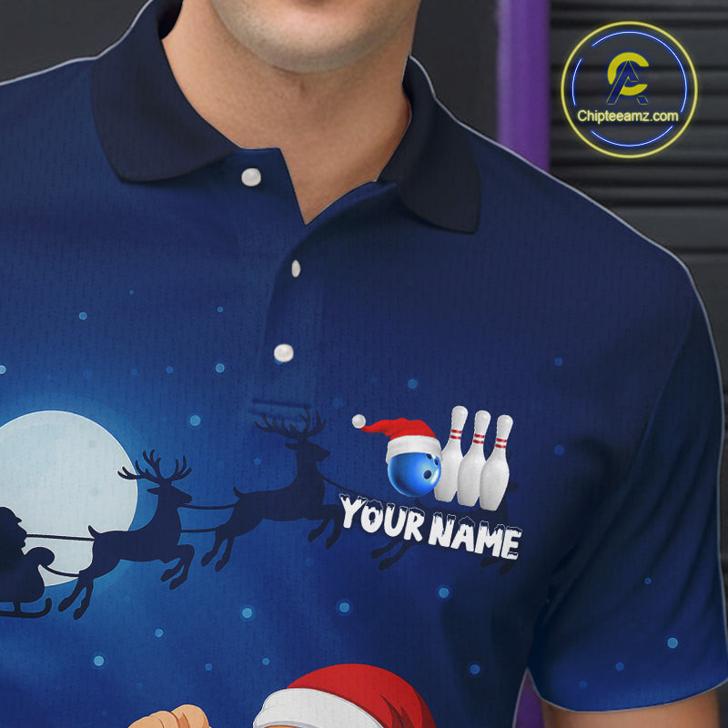 Custom Blue Funny Christmas Santa Bowling Polo, Quarter Zip Shirt For Men, Bowling Team League Jersey NQS10827