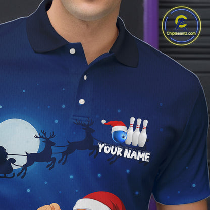 Custom Blue Funny Christmas Santa Bowling Polo, Quarter Zip Shirt For Men, Bowling Team League Jersey NQS10827