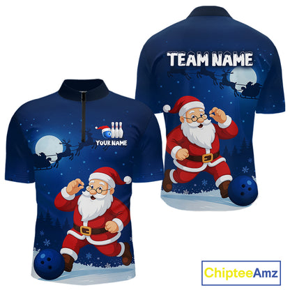 Custom Blue Funny Christmas Santa Bowling Polo, Quarter Zip Shirt For Men, Bowling Team League Jersey NQS10827