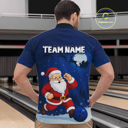 Custom Blue Funny Christmas Santa Bowling Polo, Quarter Zip Shirt For Men, Bowling Team League Jersey NQS10827