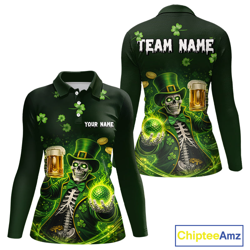 Funny Skull drink beer St Patrick day Green shamrock Women Golf Polo Shirt Custom ladies golf apparel NQS11411