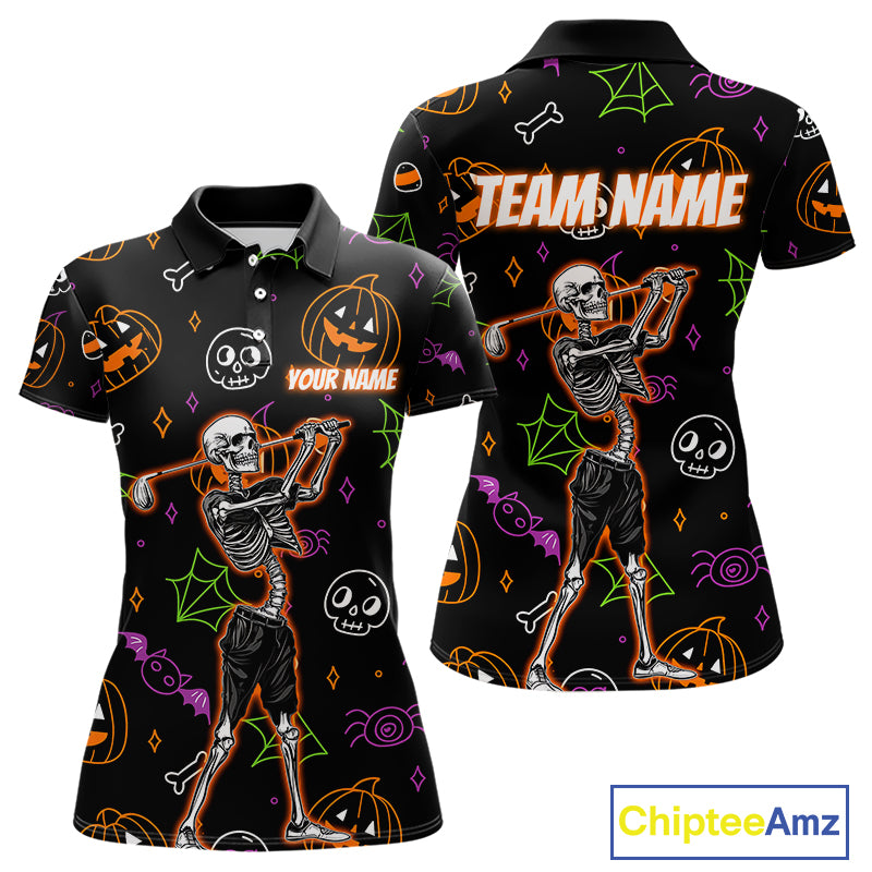 Personalized Funny Halloween Pattern Skull Golf Polo Shirts For Women, Halloween Ladies Golf Gifts NQS10836