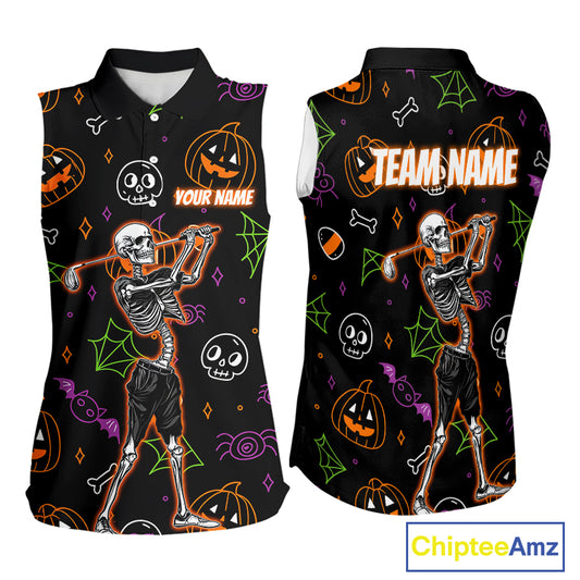 Personalized Funny Halloween Pattern Skull Sleeveless Golf Polo Shirts, Halloween Ladies Golf Gifts NQS10836