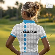 Load image into Gallery viewer, Custom Blue and White argyle pattern Golf Polo Shirts For Women, personalized team ladies golf outfit NQS11210
