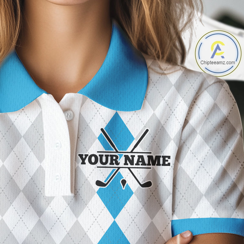 Custom Blue and White argyle pattern Golf Polo Shirts For Women, personalized team ladies golf outfit NQS11210