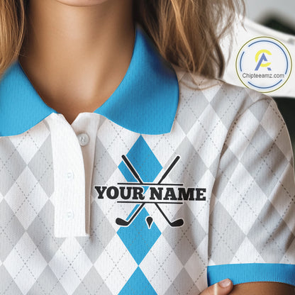 Custom Blue and White argyle pattern Golf Polo Shirts For Women, personalized team ladies golf outfit NQS11210