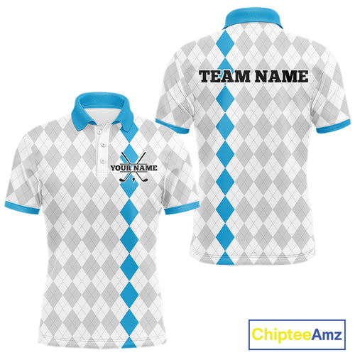 Custom Blue and White argyle pattern Golf Polo Shirts For Men, personalized team mens golf outfit NQS11210
