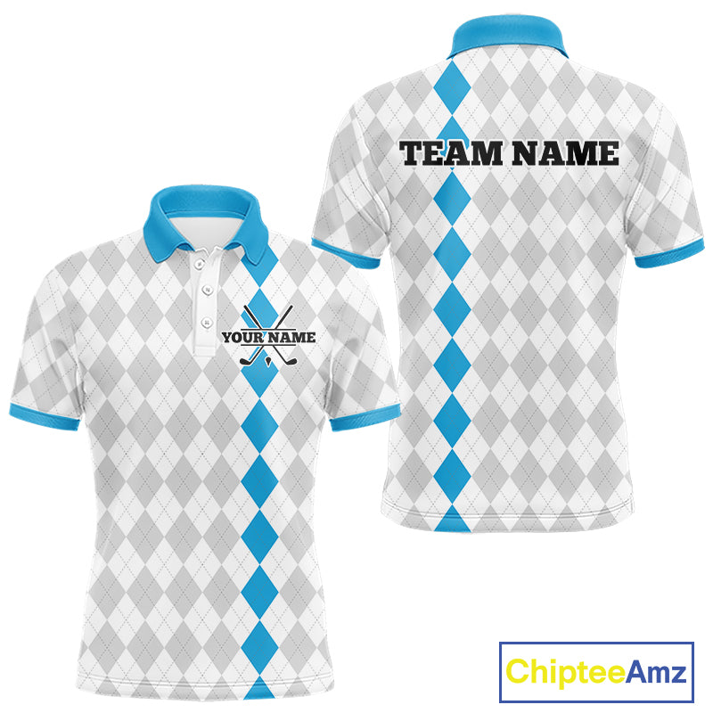 Custom Blue and White argyle pattern Golf Polo Shirts For Men, personalized team mens golf outfit NQS11210