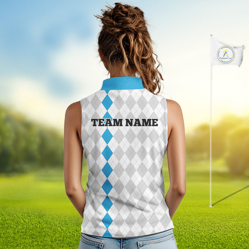 Custom Blue and White argyle pattern Sleeveless Golf Polo Shirt, personalized team ladies golf outfit NQS11210