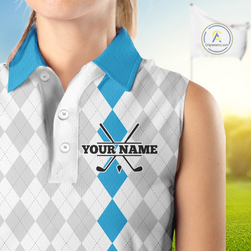 Custom Blue and White argyle pattern Sleeveless Golf Polo Shirt, personalized team ladies golf outfit NQS11210
