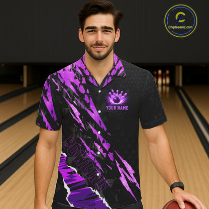 Black and Purple camo Hawaiian Button-up bowling shirts custom Bowling Team League Jerseys NQS11420