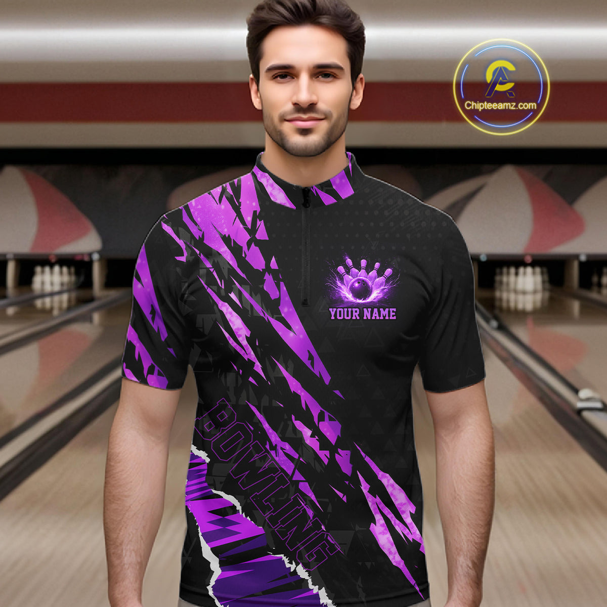 Black and Purple camo Bowling Polo shirts, 1/4 zip shirt for men custom Bowling Team League Jerseys NQS11420