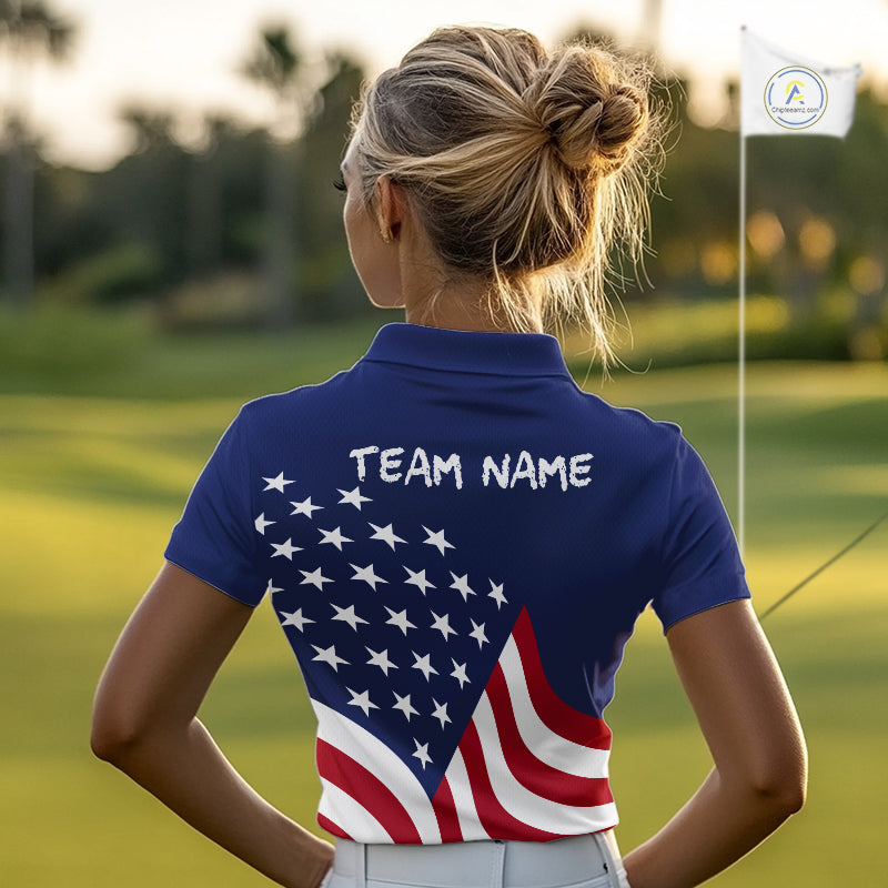 Red, White and Blue American Flag Skull Golf polo shirts for Women custom patriotic ladies golf top NQS10851