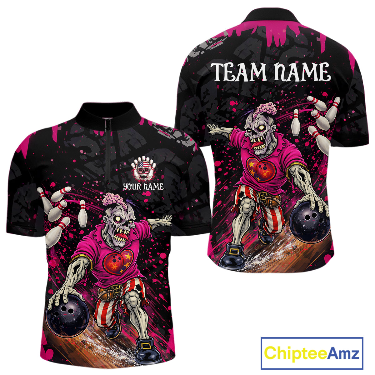 Black and Pink Funny zombie Bowling Shirts For Men Custom Mens Bowling team league jerseys NQS11442