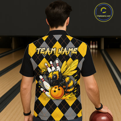 Black and Yellow argyle pattern Honey Bee Bowling Hawaiian shirts Custom Team bowling jerseys NQS11250