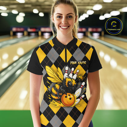 Black and Yellow argyle pattern Honey Bee Bowling shirts for Women Custom Team bowling jerseys NQS11250