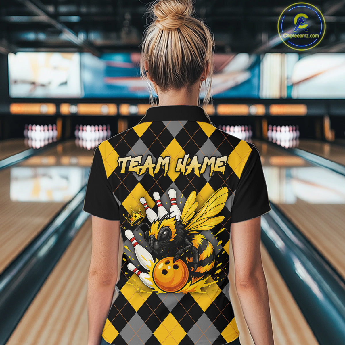Black and Yellow argyle pattern Honey Bee Bowling shirts for Women Custom Team bowling jerseys NQS11250