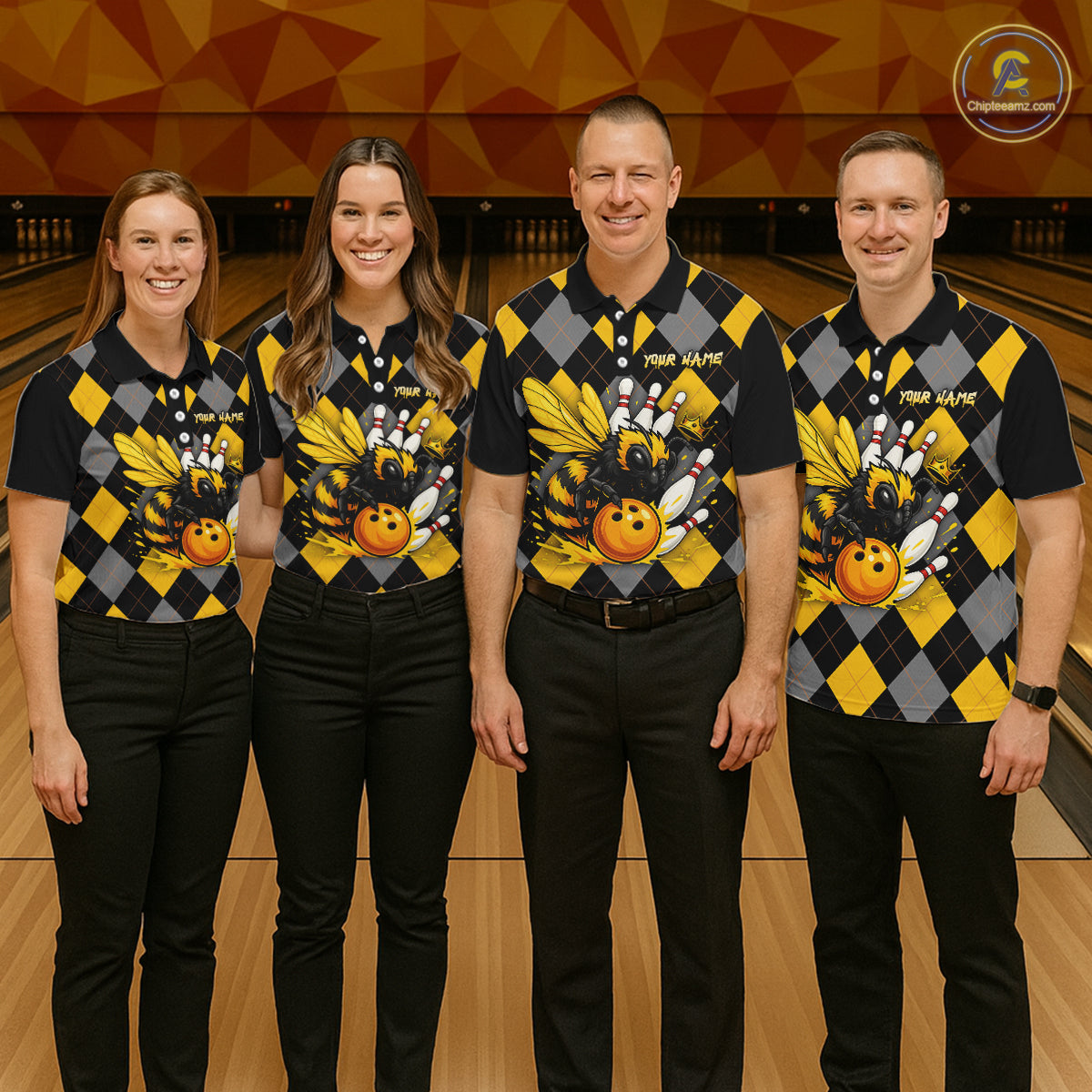 Black and Yellow argyle pattern Honey Bee Bowling shirts for Men Custom Team bowling jerseys NQS11250
