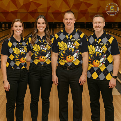 Black and Yellow argyle pattern Honey Bee Bowling shirts for Men Custom Team bowling jerseys NQS11250