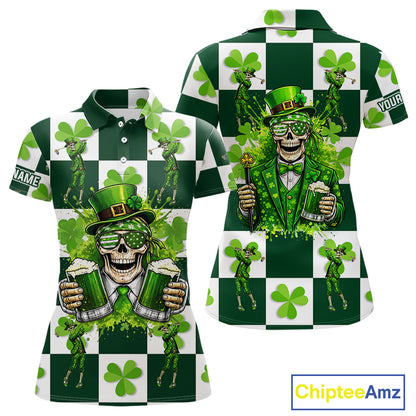 Funny Skull drink beer Clover square pattern Women Golf Polo shirts Custom St Patrick's Day golf tops NQS11454