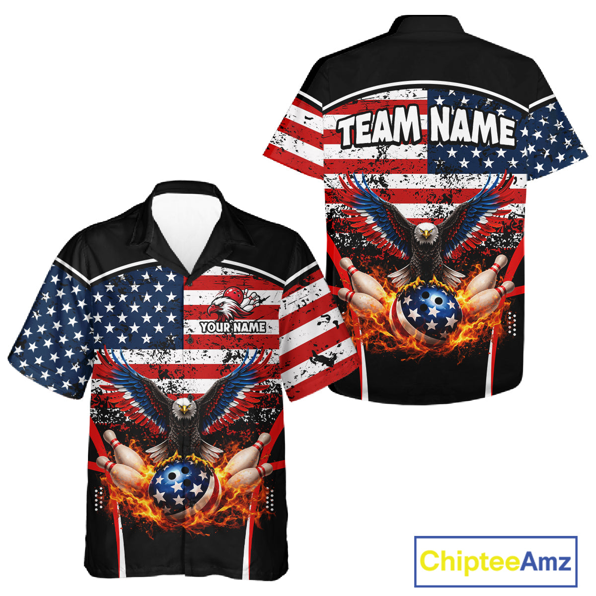 American Flag Eagle Flame Bowling Hawaiian Shirt Custom patriotic  Team Bowling Button-up Shirt NQS11735